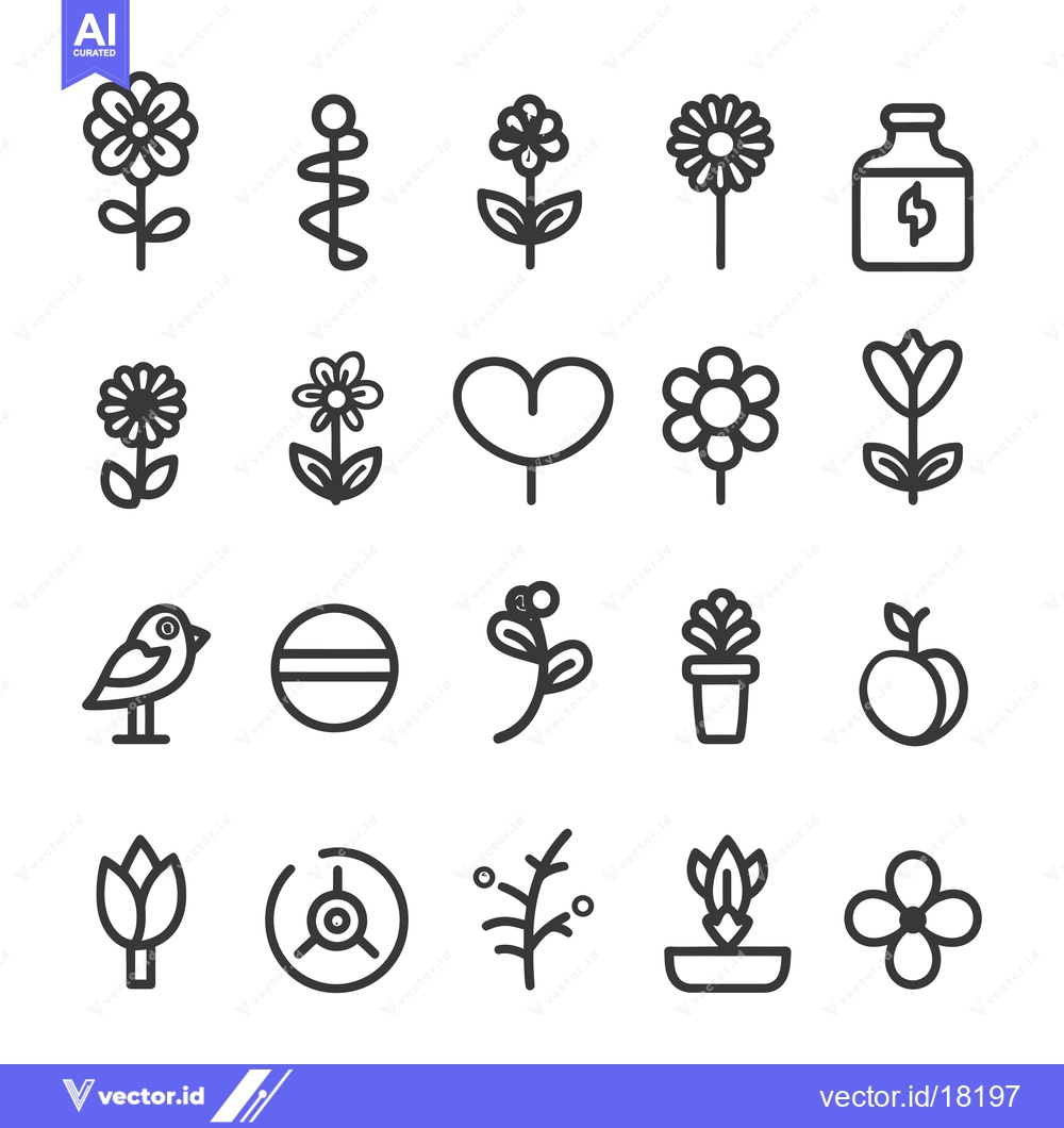 Premium Vector dari A set of 20 line art illustrations of flowers, plants, and nature elem