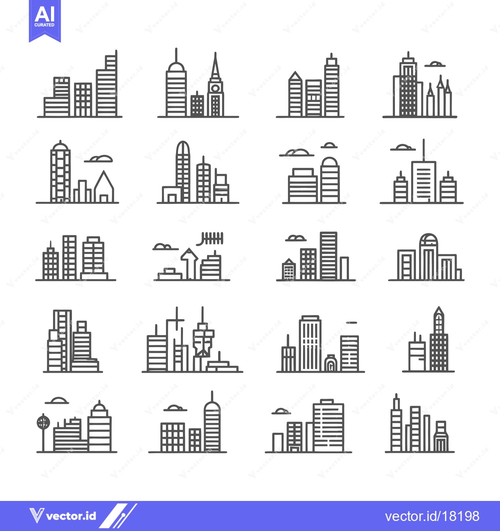 Premium Vector dari A Set of 20 Line Drawings Depicting City Skylines