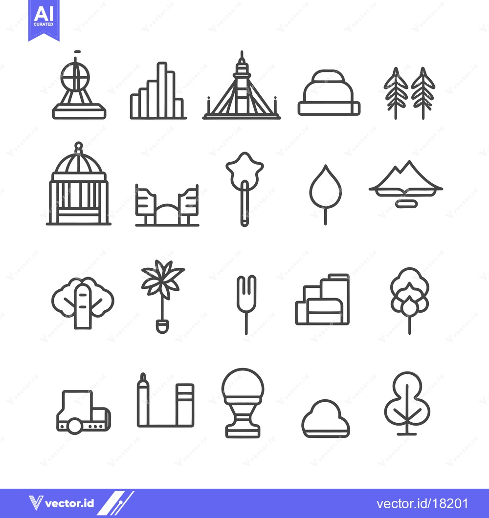 Premium Vector dari A Set of 20 Line Drawings of Various Park Structures and Trees