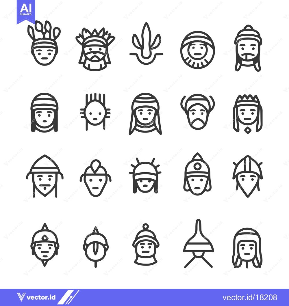 Premium Vector of A Set of 20 Line Icons Depicting Various Headwear and Facial Features