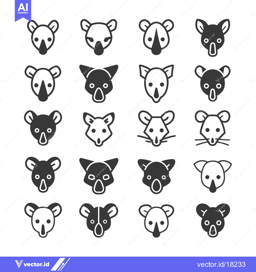 Premium Vector dari A Set of 20 Simple Black and White Koala, Fox, and Mouse Animal Head I