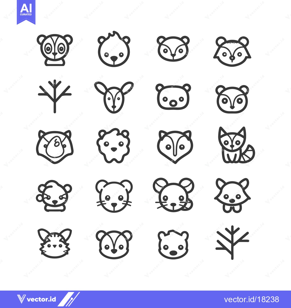 Premium Vector dari A Set of 20 Simple Line Drawings of Forest Animals and Trees