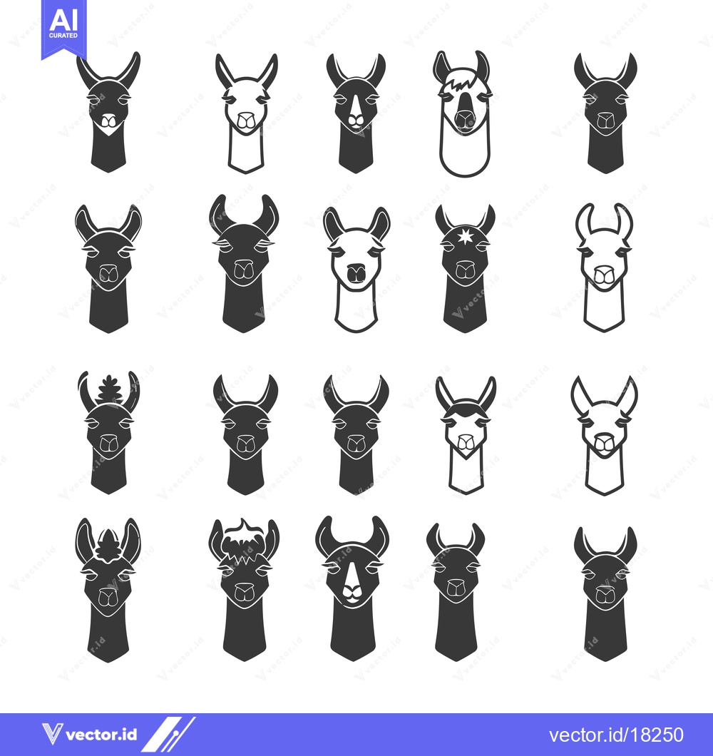 Premium Vector of A Set of 20 Unique Llama Head Silhouettes in Black and White