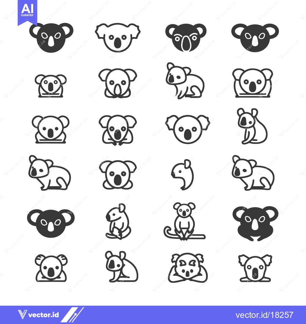 Premium Vector dari A Set of 24 Black and White Koala Icons in Various Poses