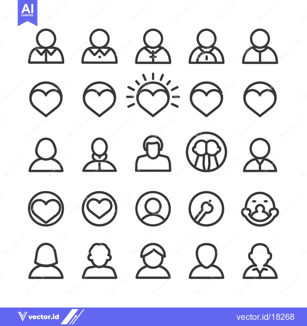 Premium Vector of A Set of 25 Black and White Line Icons Depicting People and Hearts