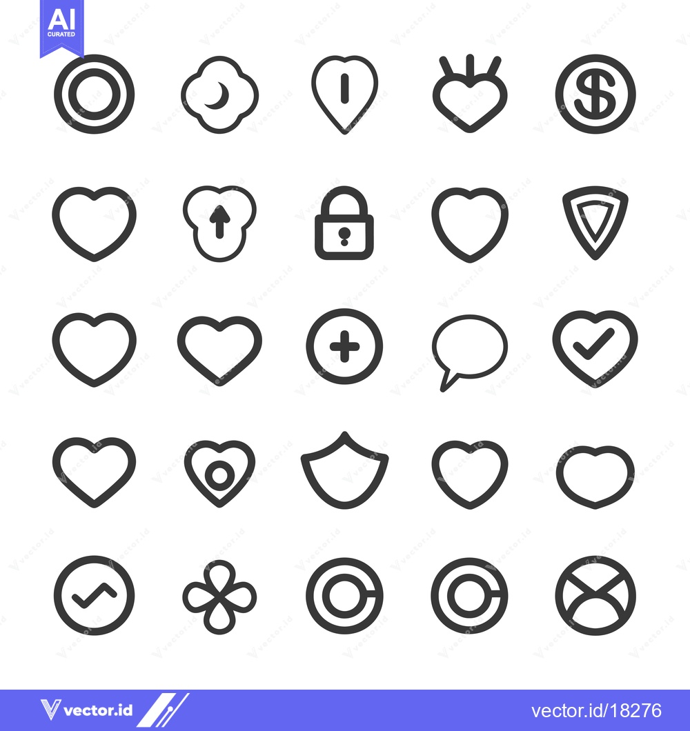 Premium Vector of A Set of 25 Line Art Icons Featuring Hearts, Circles, and Other Shapes
