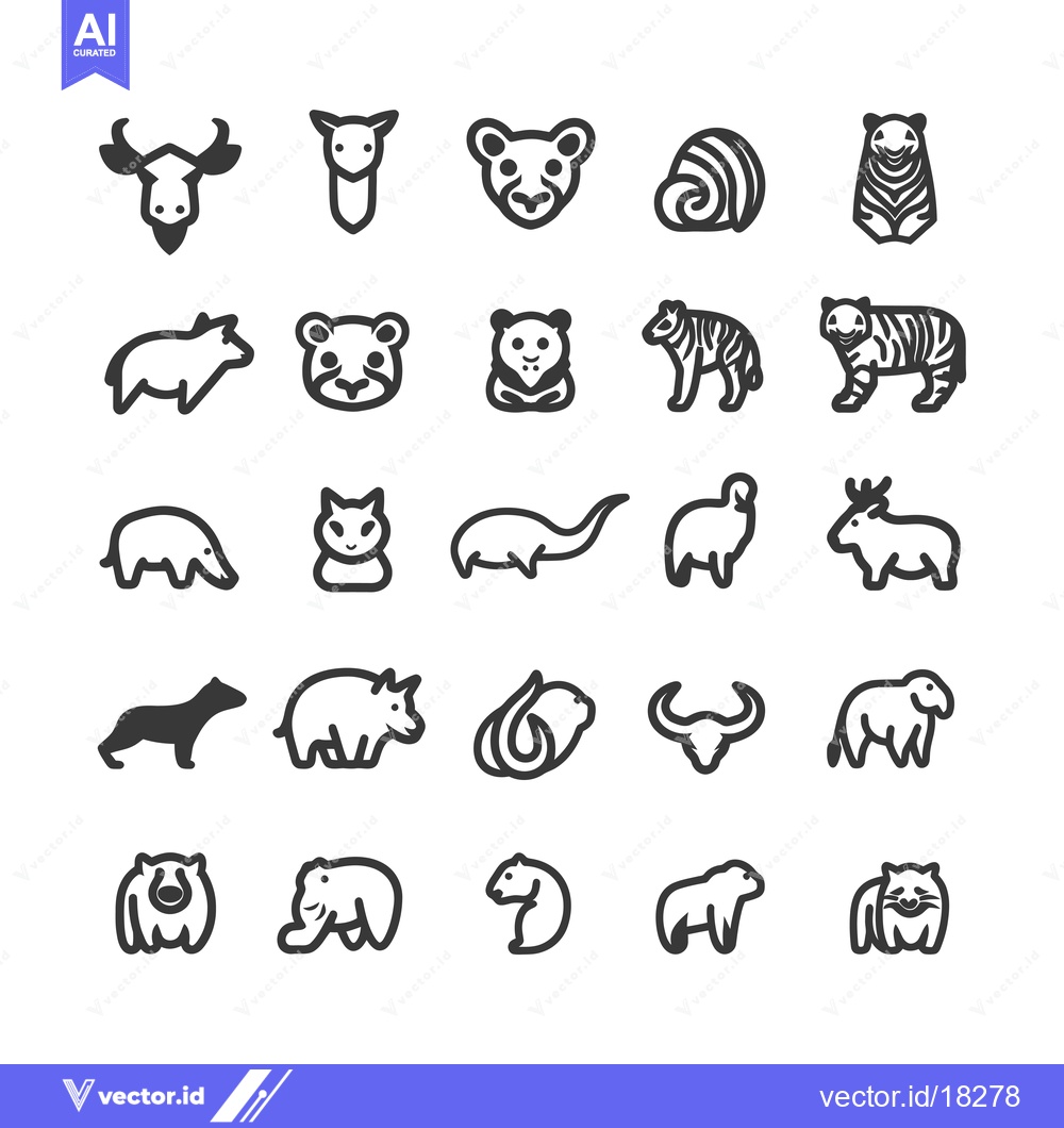 Premium Vector dari A Set of 25 Line Drawings of Various Animals