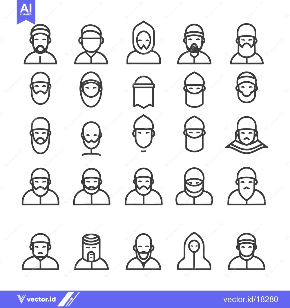 Premium Vector dari A Set of 25 Line Icons Depicting Different Styles of Muslim Headwear a