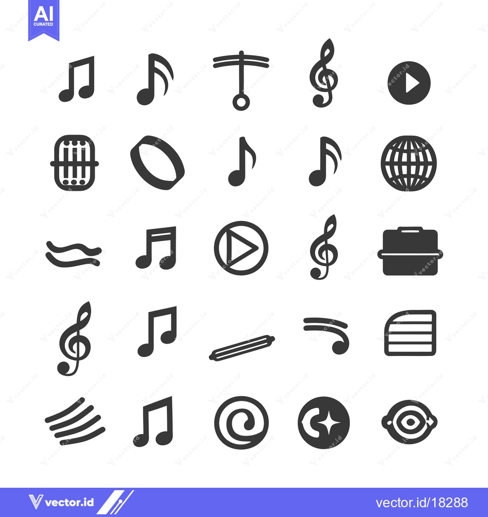 Premium Vector dari A Set of 25 Music-Themed Icons, Including Notes, Symbols, and Playback
