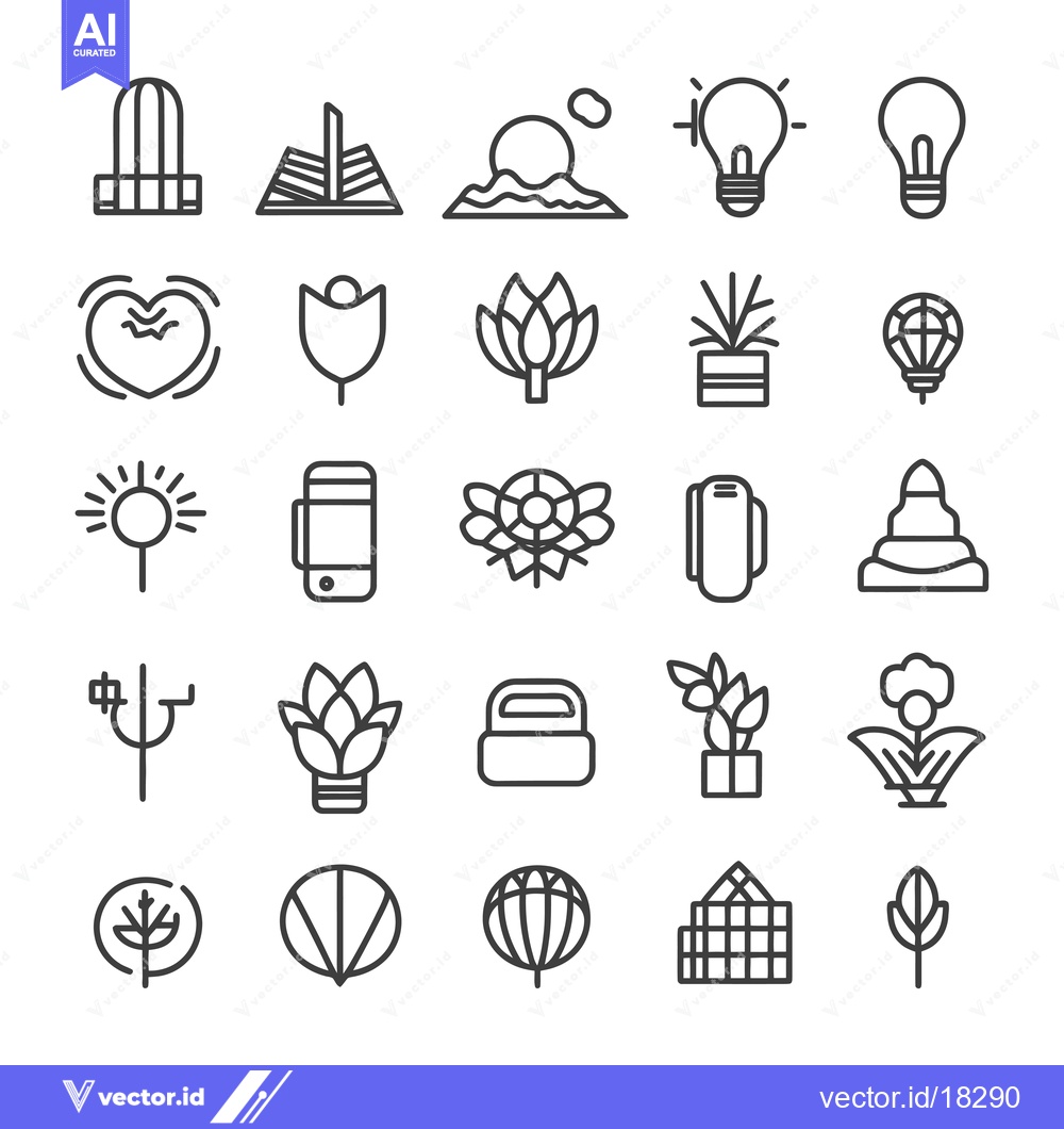 Premium Vector of A Set of 25 Outline Icons Depicting Various Plants, Flowers, and Natur