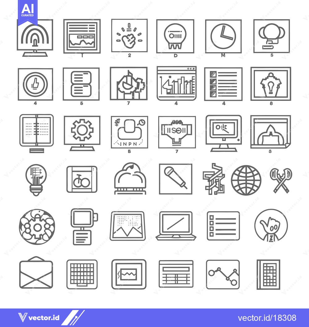 Premium Vector of A Set of 36 Grey Line Icons Depicting Various Business and Technology