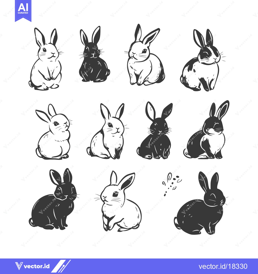 Premium Vector of A Set of Black and White Cartoon Rabbits Sitting on a White Background