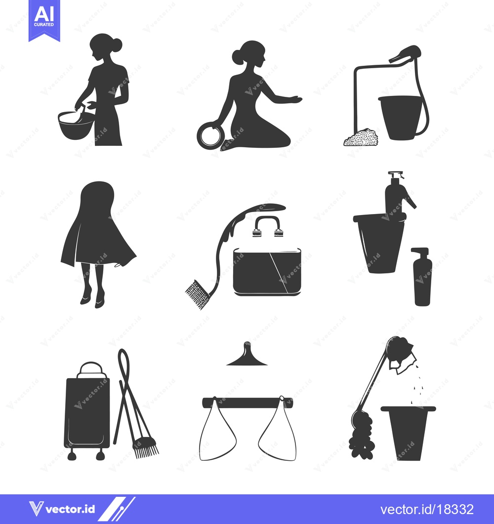 Premium Vector dari A set of black and white cleaning icons, featuring a woman cleaning, b
