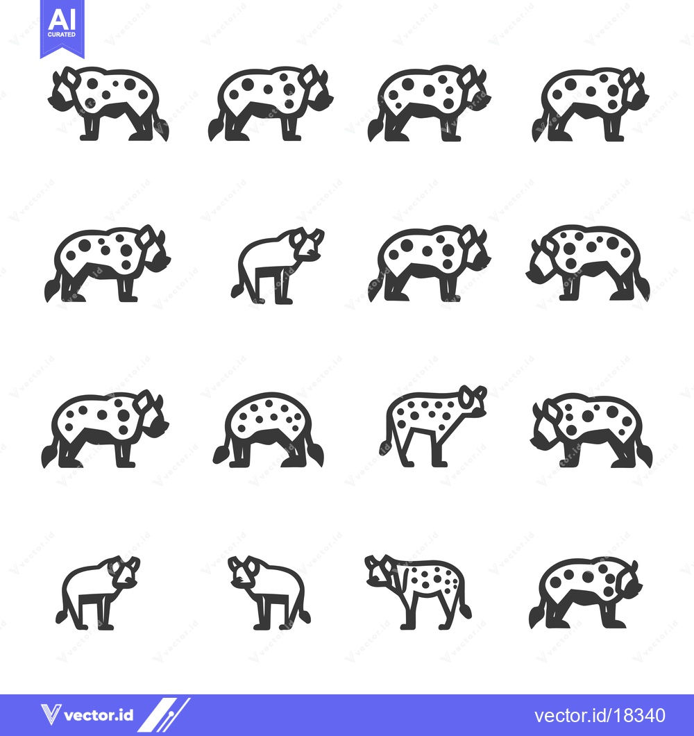 Premium Vector of A set of black and white hyena illustrations in various poses