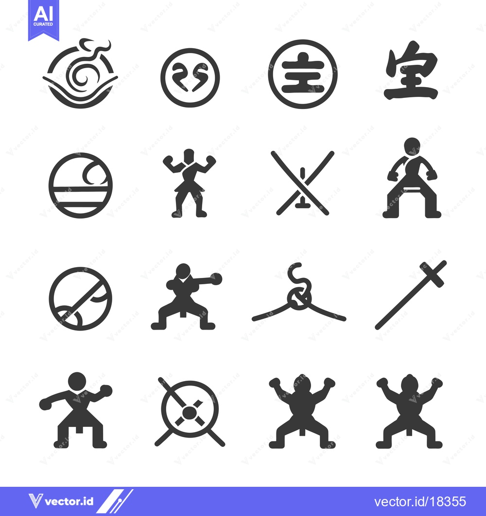 Premium Vector dari A Set of Black and White Kung Fu Style Icons