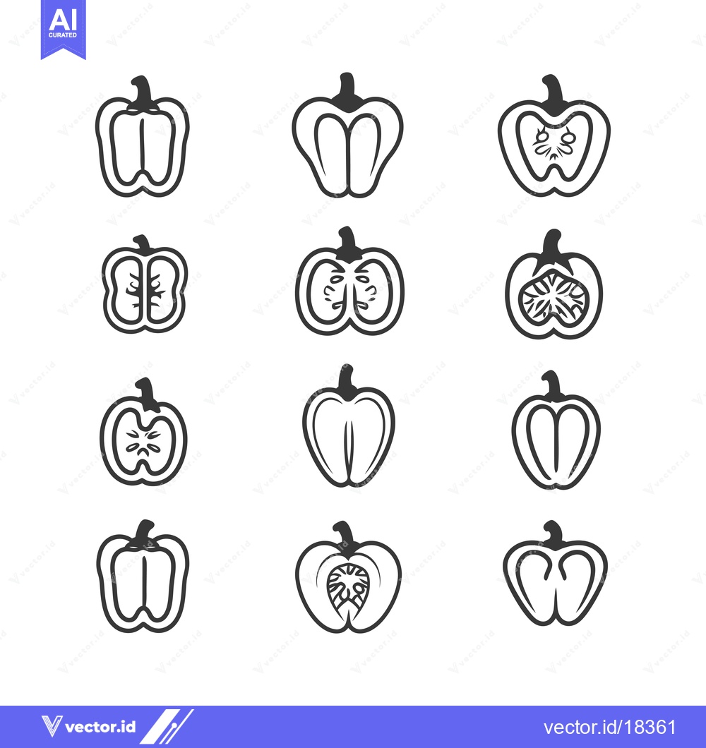Premium Vector dari A set of black and white line drawings of bell peppers in various stag