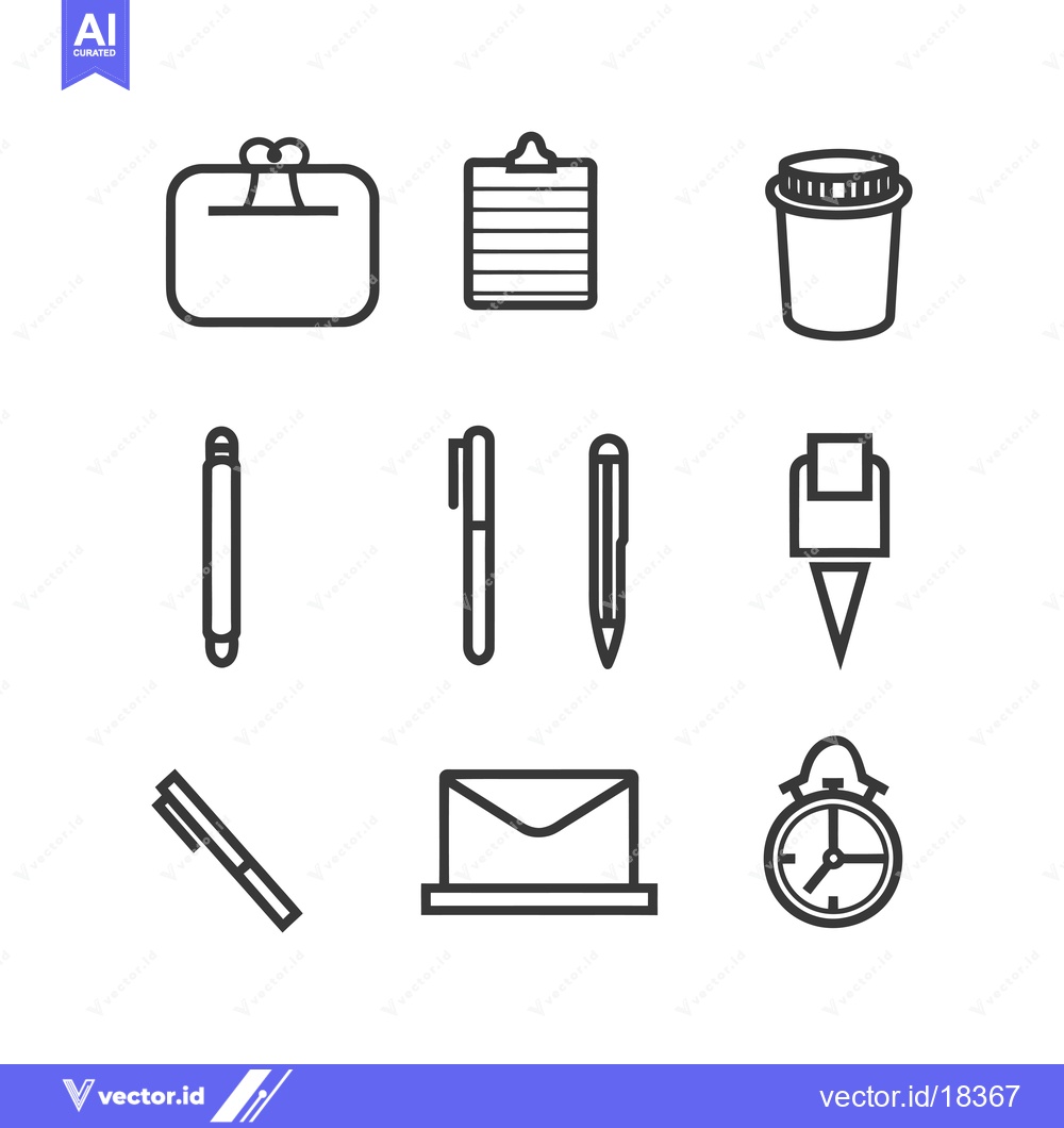 Premium Vector dari A Set of Black and White Line Icons for Office Supplies and Tools
