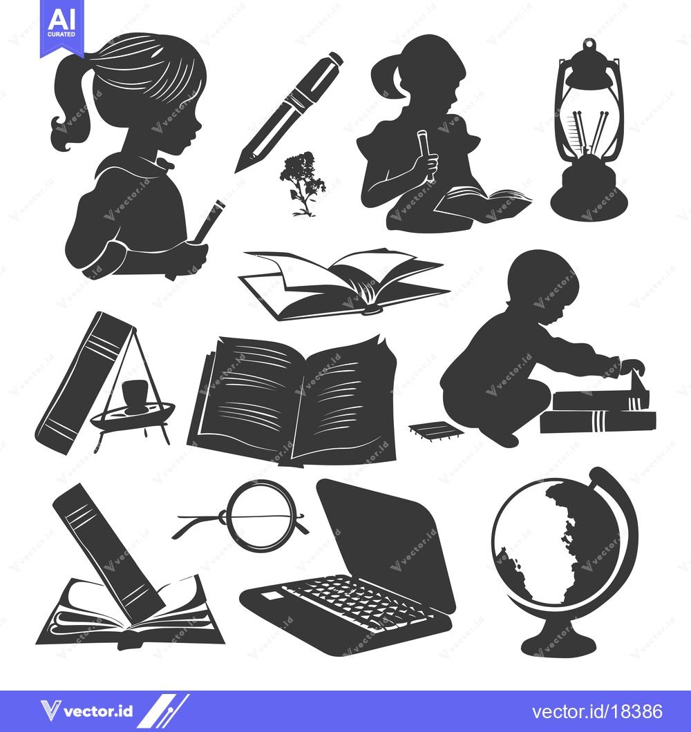 Premium Vector dari A Set of Black and White Silhouettes Depicting Education and Learning