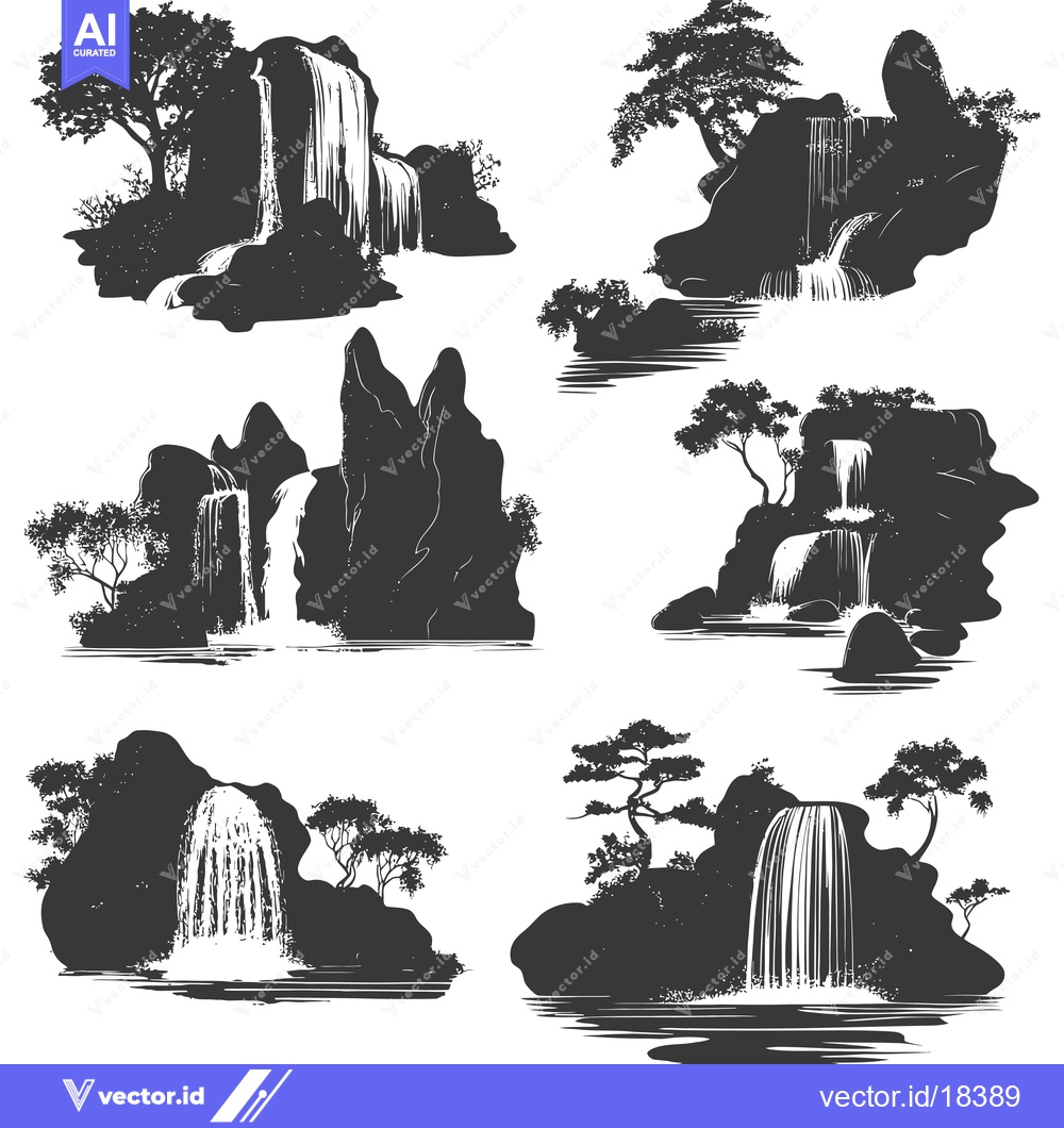 Premium Vector of A Set of Black and White Silhouettes of Waterfalls in Various Landscap