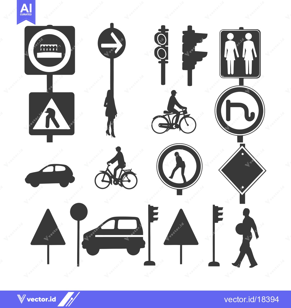 Premium Vector dari A Set of Black and White Traffic and Pedestrian Signs