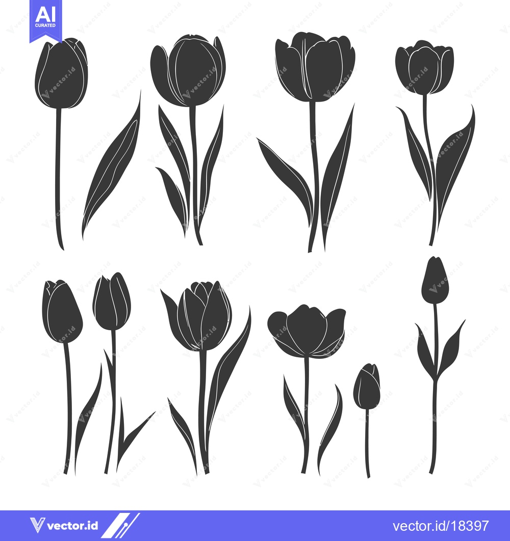 Premium Vector of A Set of Black and White Tulip Silhouettes
