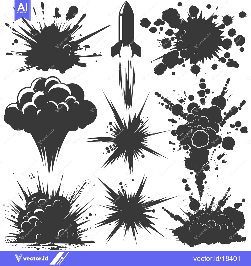 Premium Vector dari A Set of Black Silhouettes Depicting Various Explosions and a Rocket