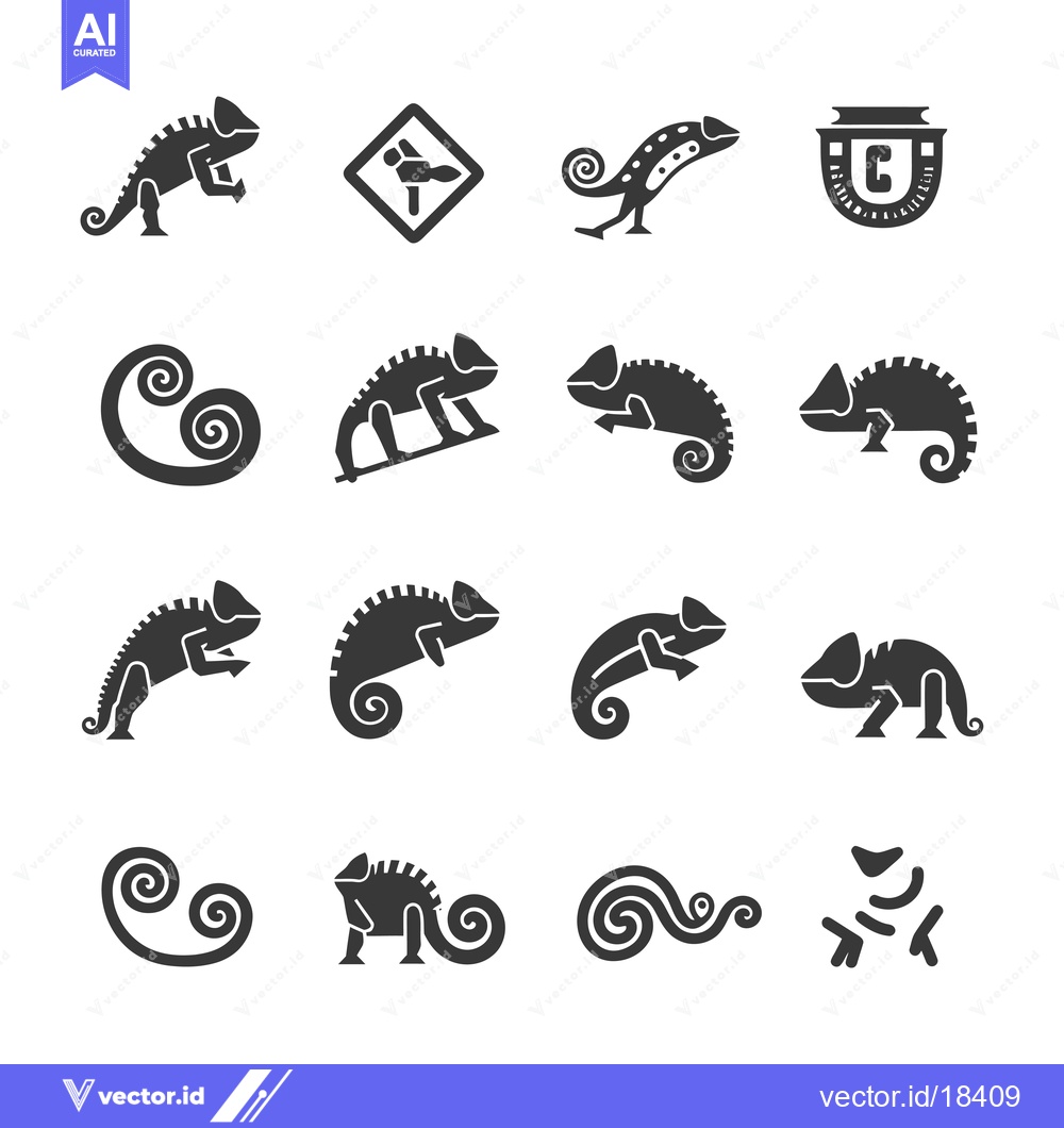 Premium Vector dari A Set of Chameleon Silhouette Icons with a Swirling Tail