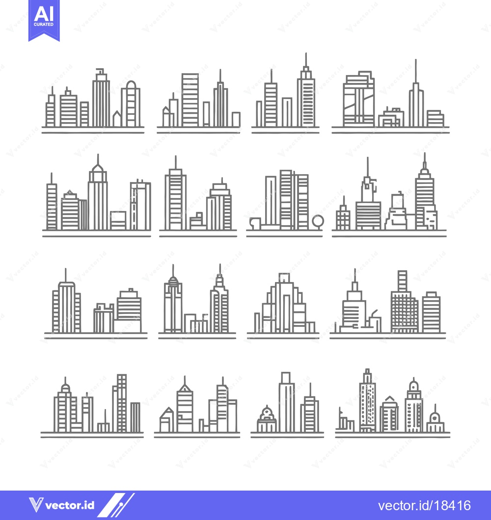 Premium Vector of A Set of City Skyline Icons Depicting Buildings in Linear Style