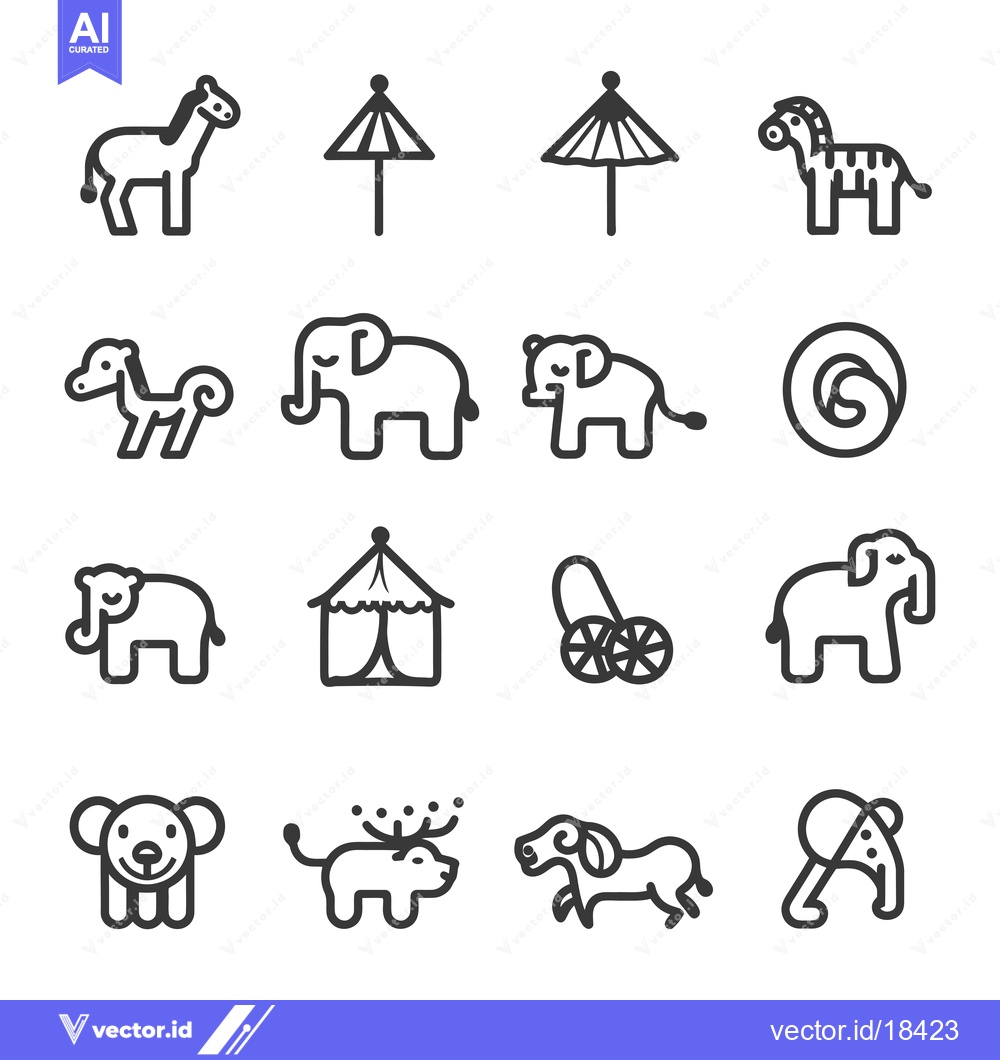 Premium Vector of A Set of Cute Animal and Circus Icons in a Black and White Style