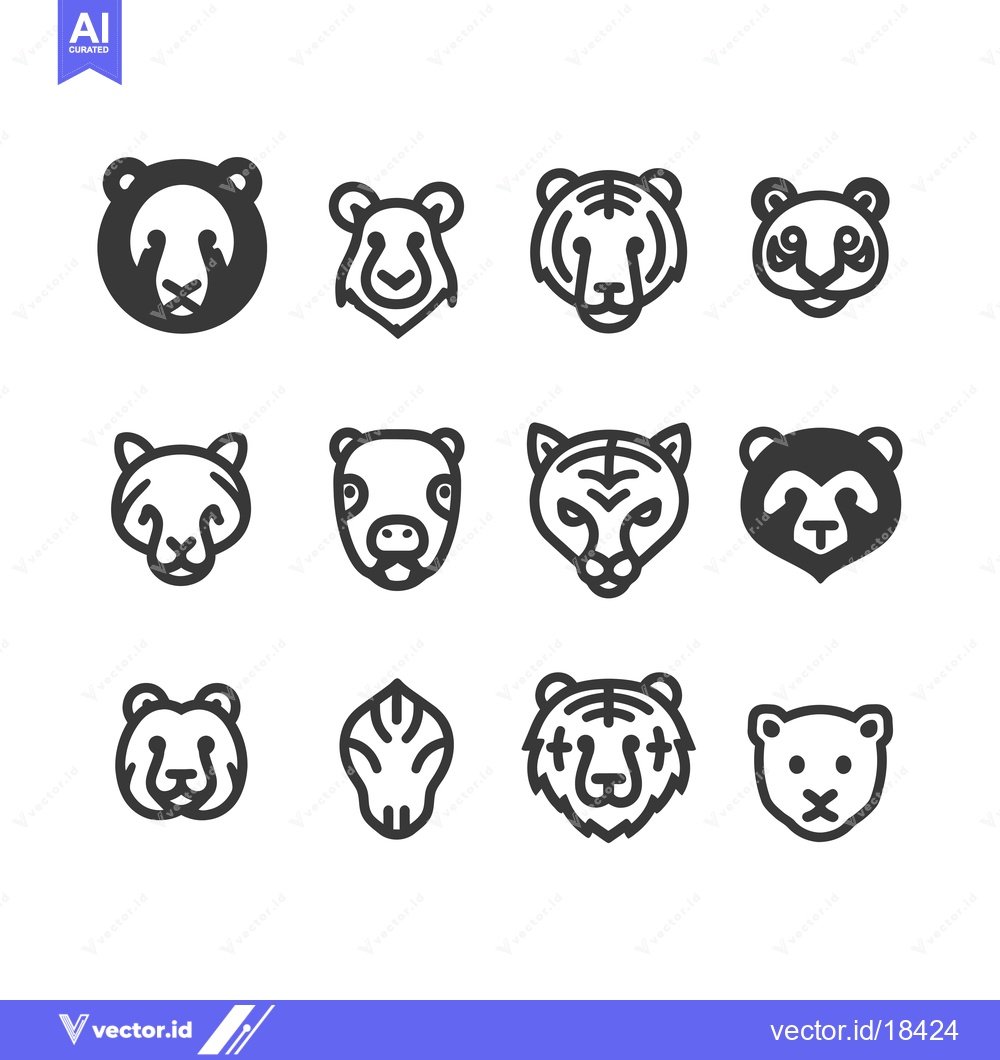 Premium Vector dari A Set of Cute Animal Head Icons in Line and Solid Styles