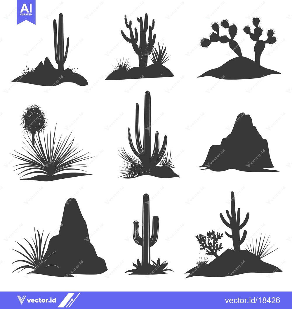Premium Vector dari A Set of Desert Cacti and Rock Silhouettes
