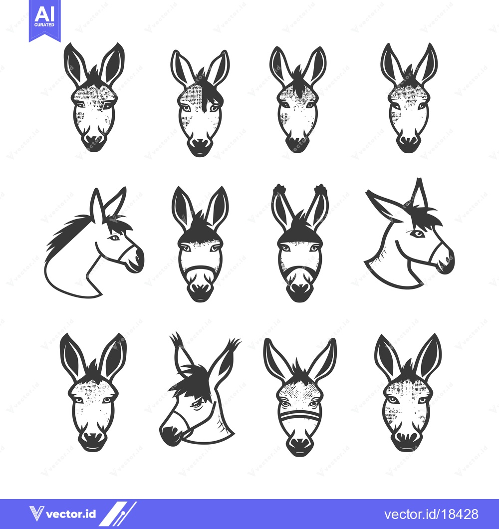 Premium Vector dari A Set of Detailed Donkey Head Illustrations with Varying Expressions