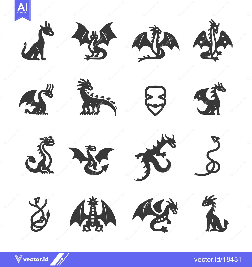 Premium Vector of A Set of Dragon Silhouettes in Different Poses
