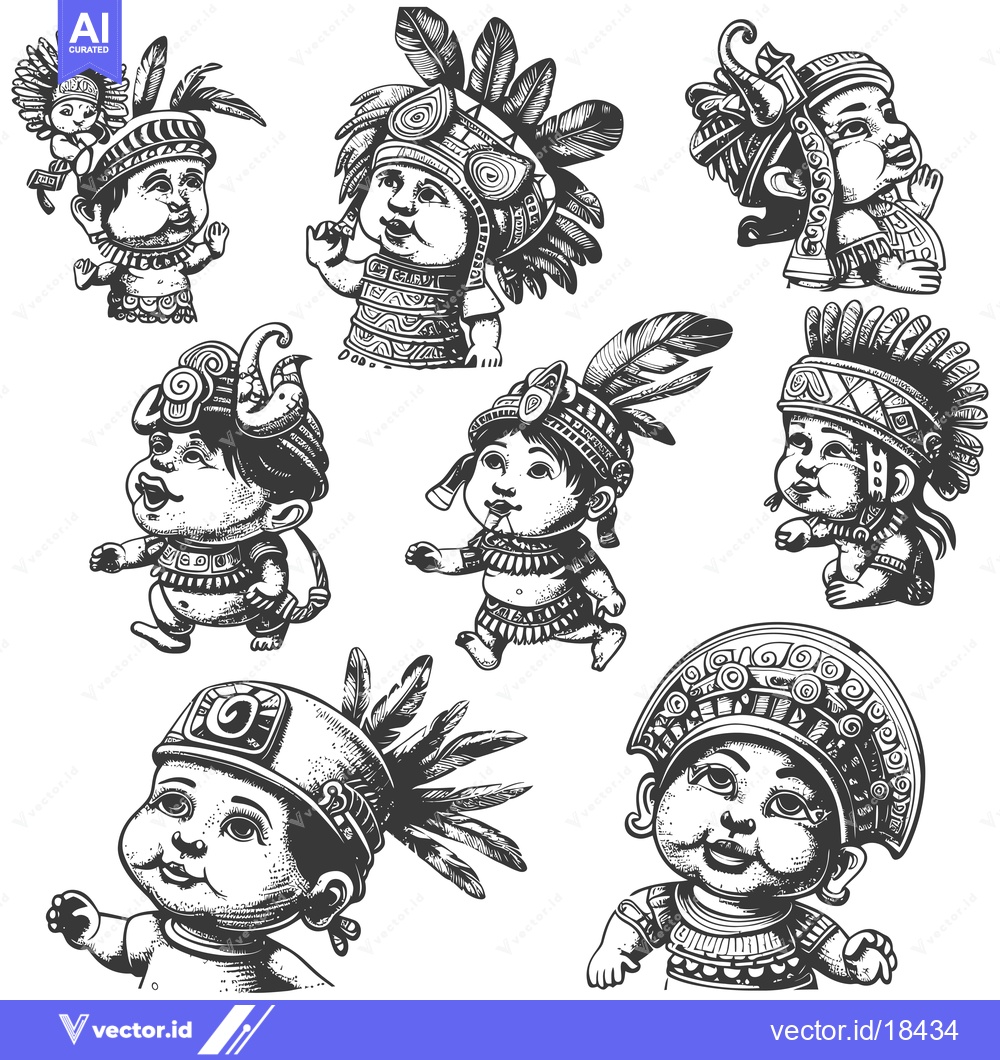 Premium Vector dari A Set of Eight Adorable Babies Dressed in Native American Regalia