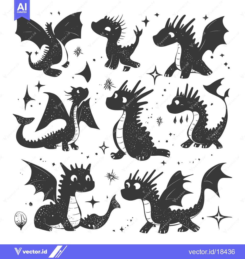 Premium Vector of A Set of Eight Black and White Dragon Silhouettes with Stars