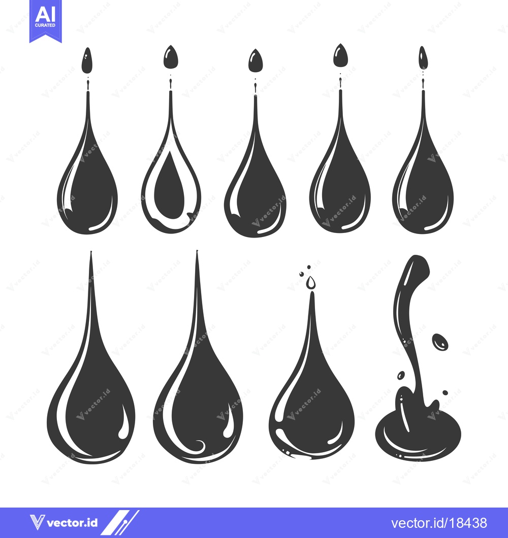 Premium Vector dari A Set of Eight Black Ink Droplets in Various Stages of Falling and Spl