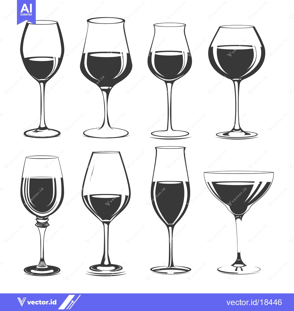 Premium Vector dari A Set of Eight Wine Glasses, Including Both Full and Empty Glasses