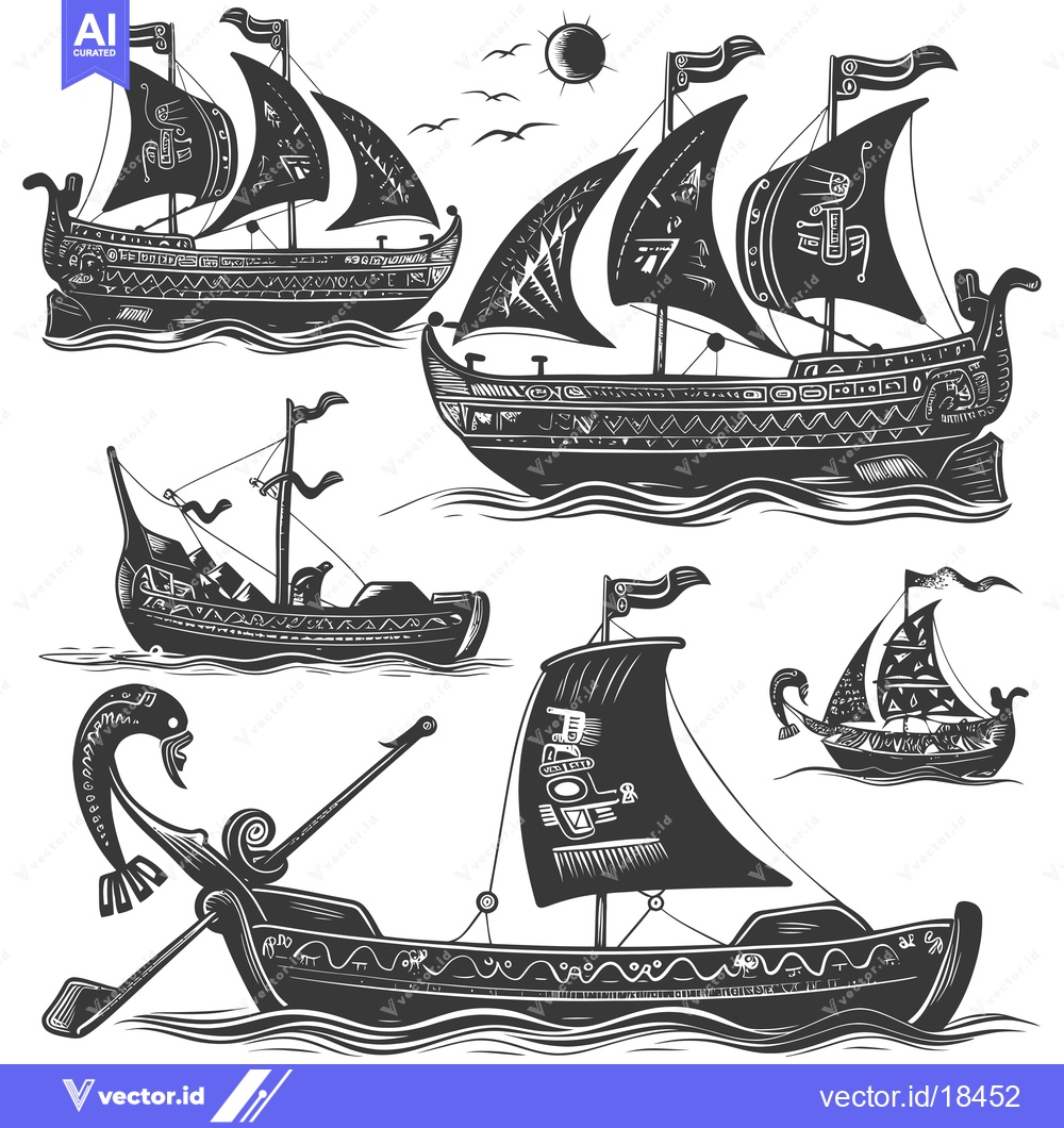 Premium Vector dari A Set of Four Ancient Sailing Ships with Intricate Designs