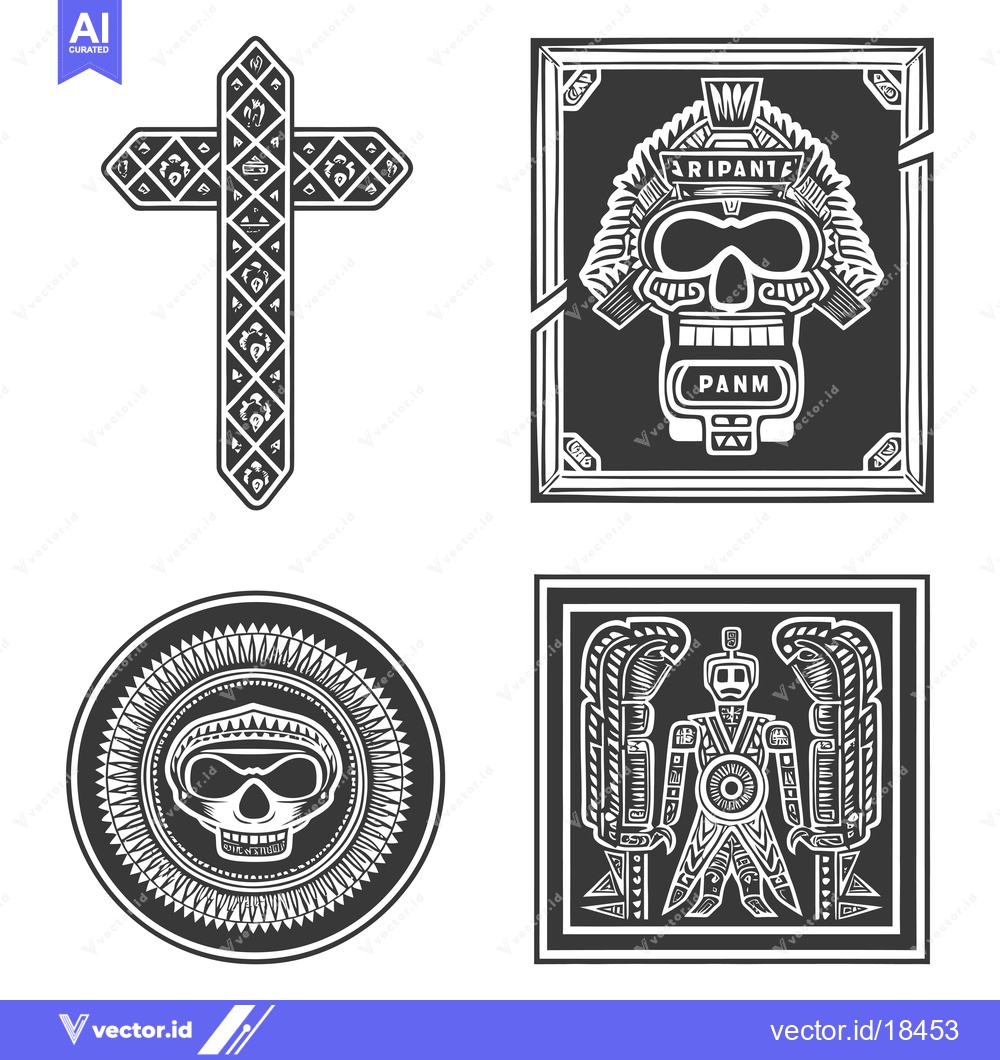 Premium Vector dari A Set of Four Black and White Illustrations Featuring Aztec-Inspired I