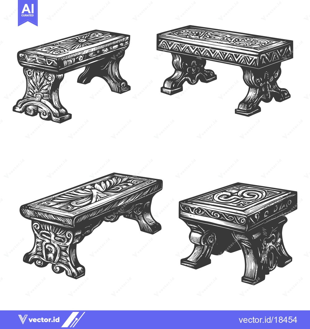 Premium Vector of A set of four hand-drawn intricately carved wooden benches
