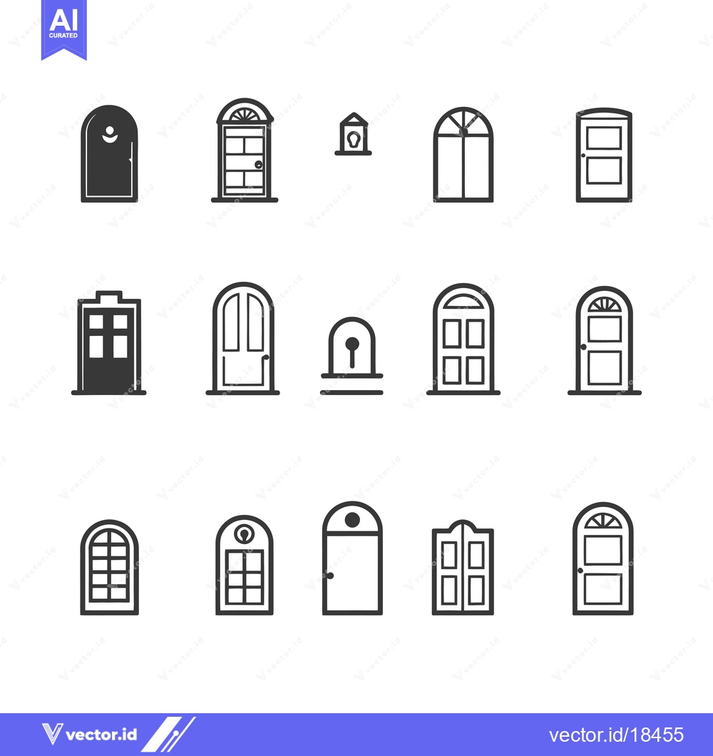 Premium Vector of A Set of Fourteen Black and White Door Icons