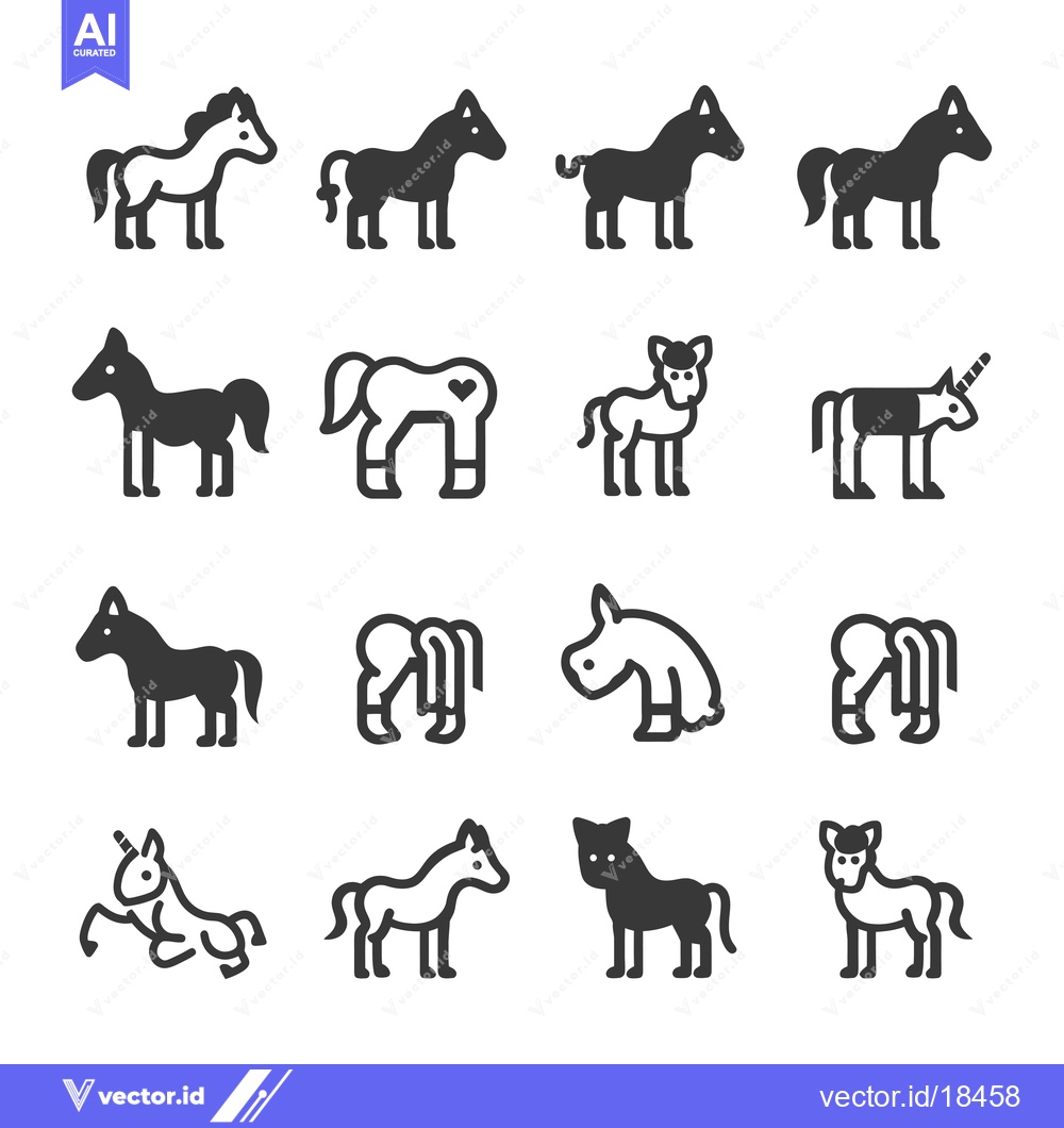 Premium Vector dari A Set of Fourteen Black and White Horse and Unicorn Icons