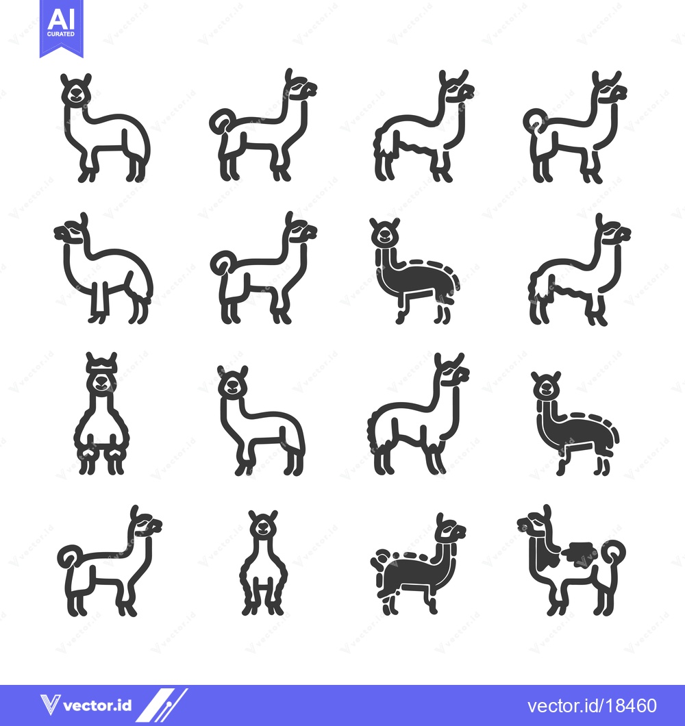 Premium Vector of A Set of Fourteen Black and White Llama Outline Illustrations