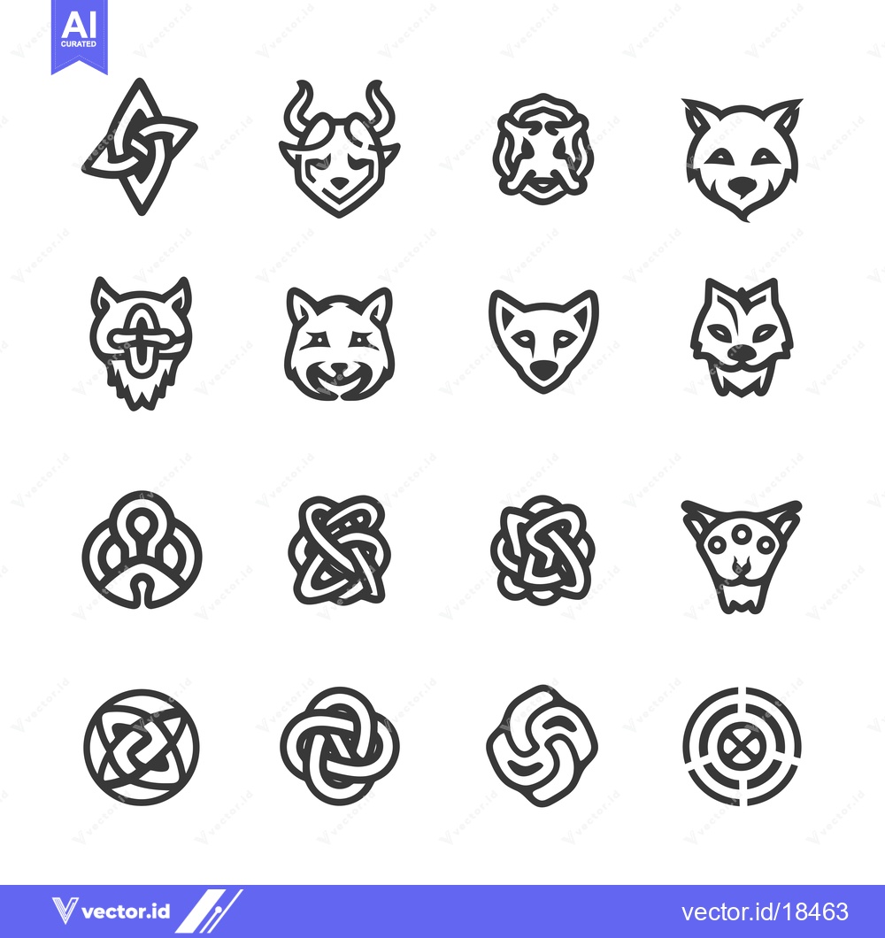 Premium Vector dari A Set of Fourteen Celtic Knots and Four Animal Heads