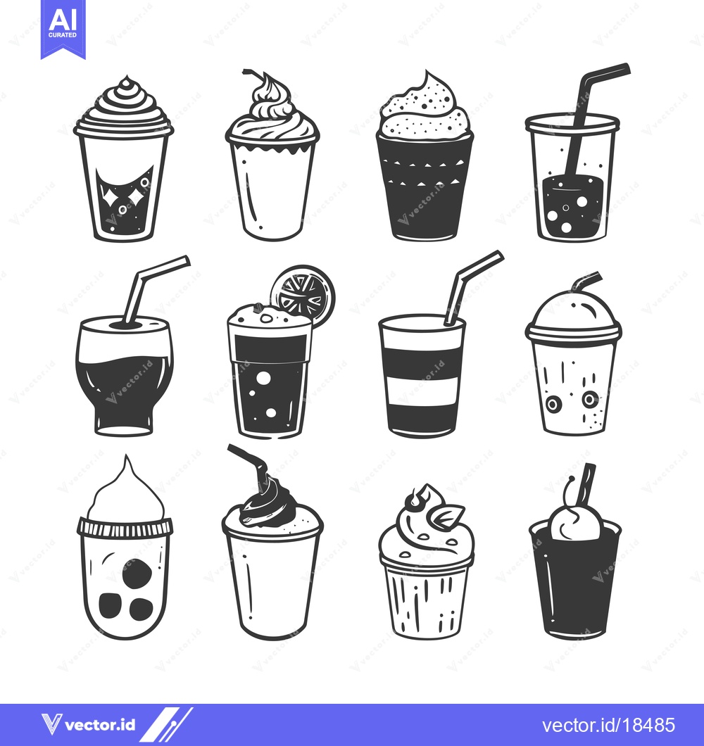 Premium Vector dari A Set of Hand-Drawn Black and White Illustrations of Cold Beverages an