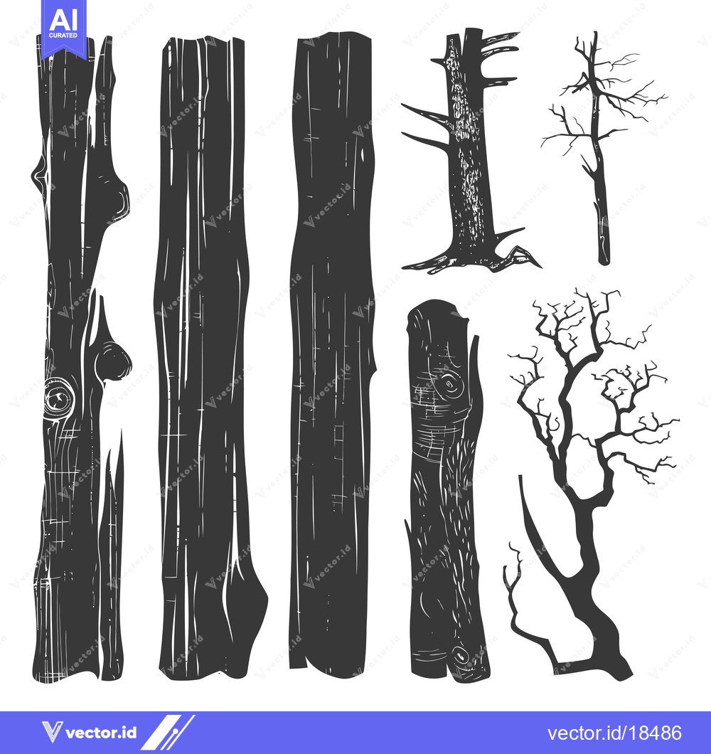 Premium Vector dari A Set of Hand-Drawn Black and White Tree and Branch Silhouettes
