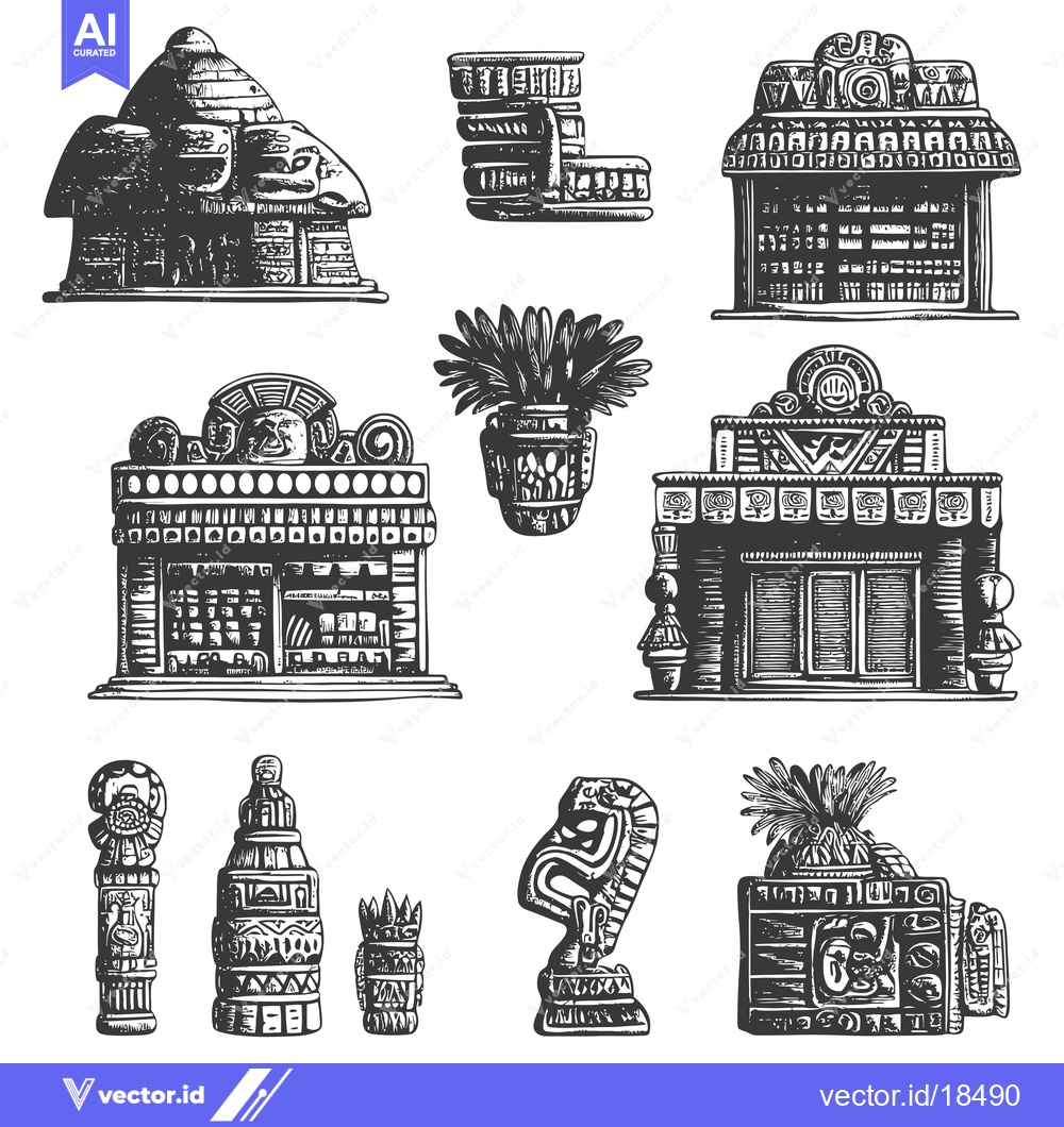 Premium Vector dari A Set of Hand-Drawn Illustrations of Ancient Mayan Architecture and Ar