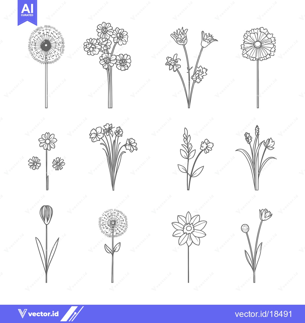 Premium Vector of A Set of Hand-Drawn Line Art Flowers and Dandelions