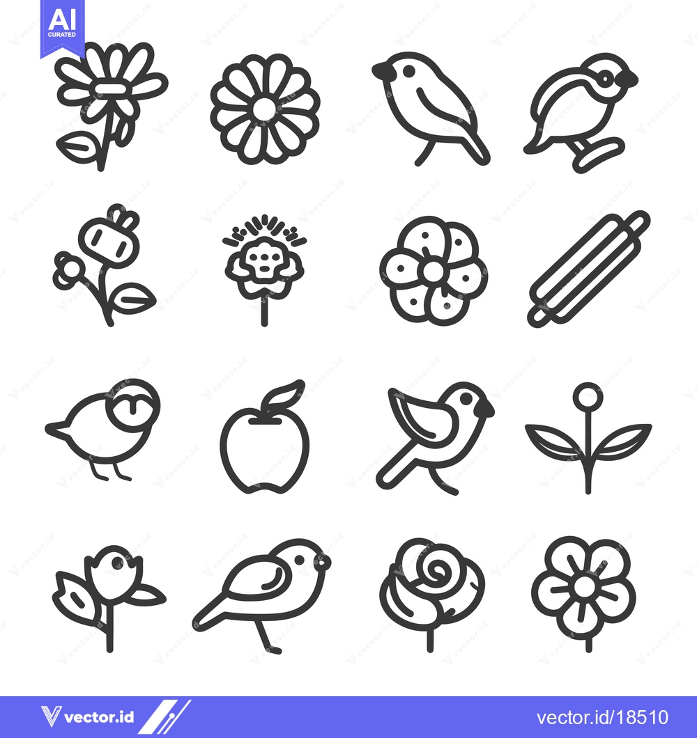 Premium Vector of A Set of Line Art Icons Featuring Birds, Flowers, and an Apple