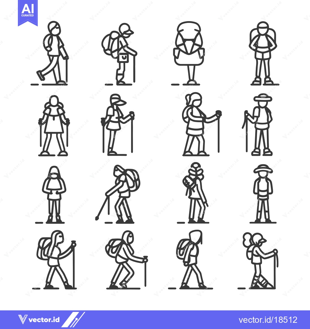 Premium Vector of A Set of Line Art Illustrations Depicting Hikers with Backpacks and Tr